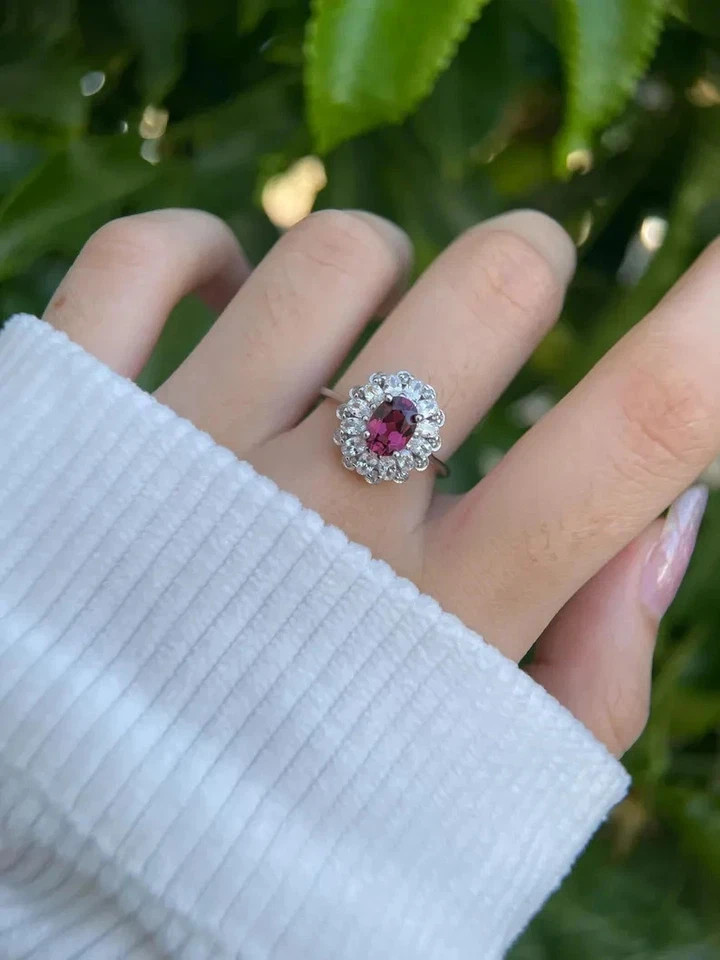 2.80 Ct Oval Natural Garnet Diamond Wedding Ring 14K Real White Gold Size 6 7 8