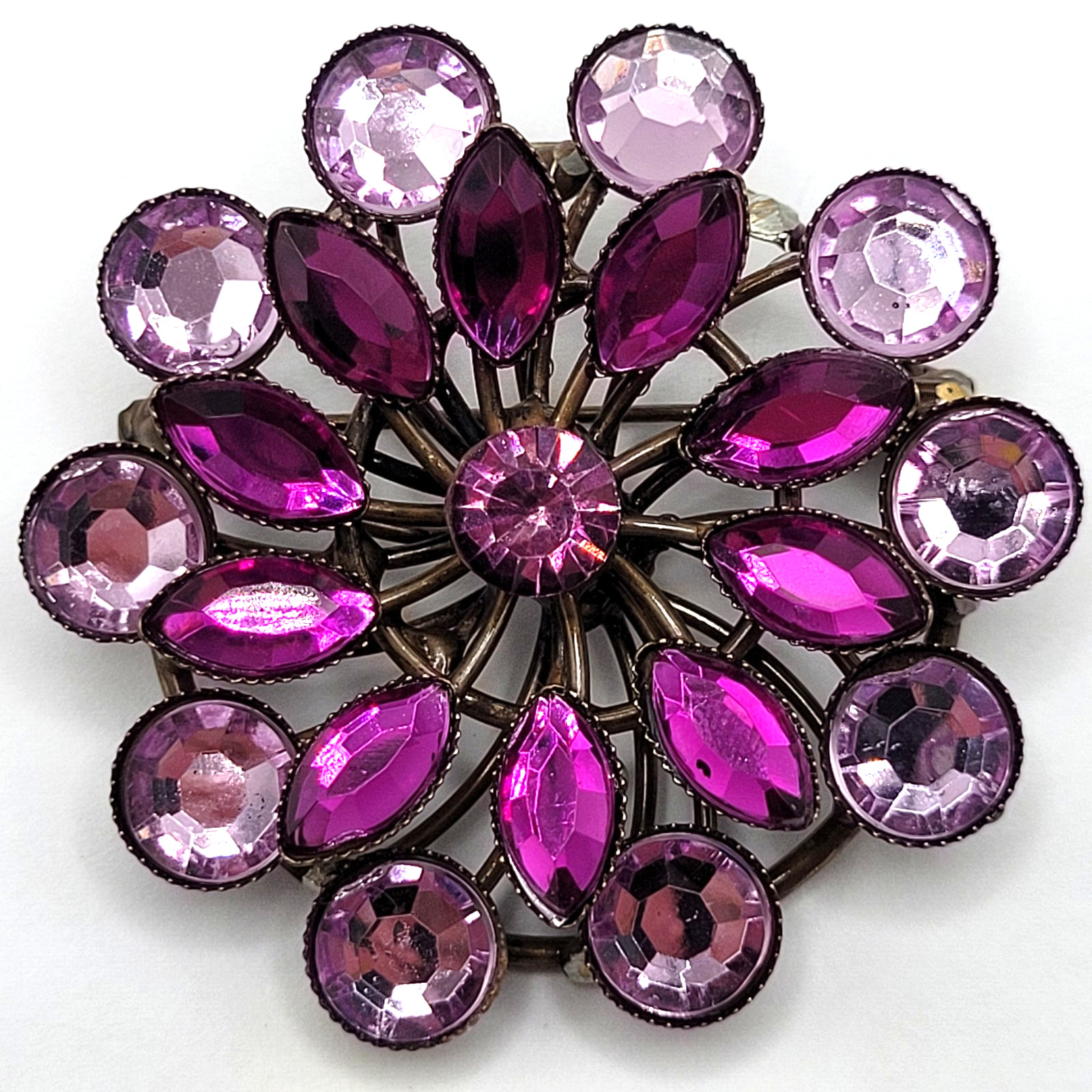 Purple Shades Floral Design Faceted Glass Rhinestone Metal Costume Brooch Pin