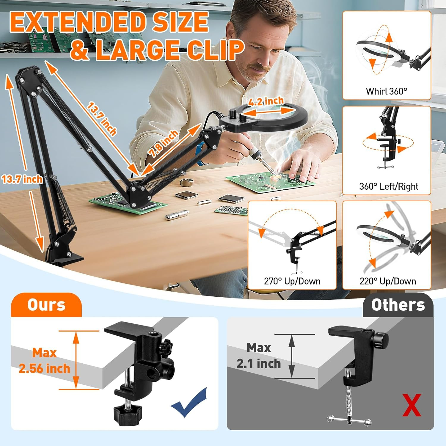 12X Magnifying Glass with Light and Clamp, Extra-Long Arm Magnifying Lamp Overhe