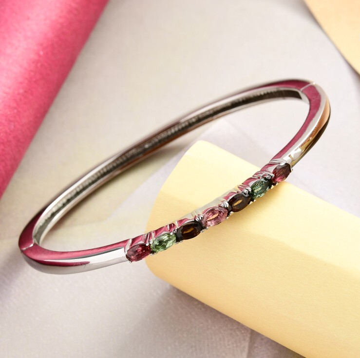 Multi Tourmaline Hinged Bangle Bracelet In Stainless Steel 6.50 Inches 1.60ctw