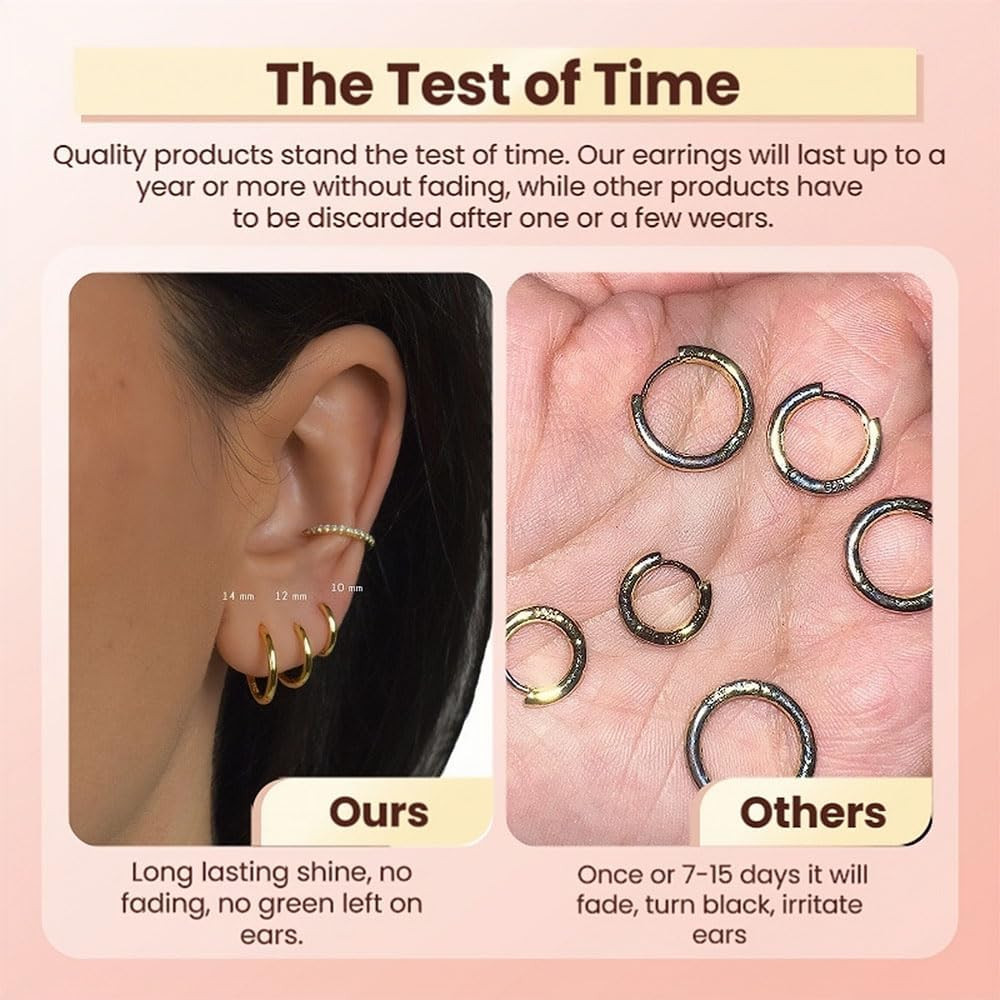 5 Pairs 14K Gold Plated Huggie Hoop Earrings for Women – Lightweight Minimalist