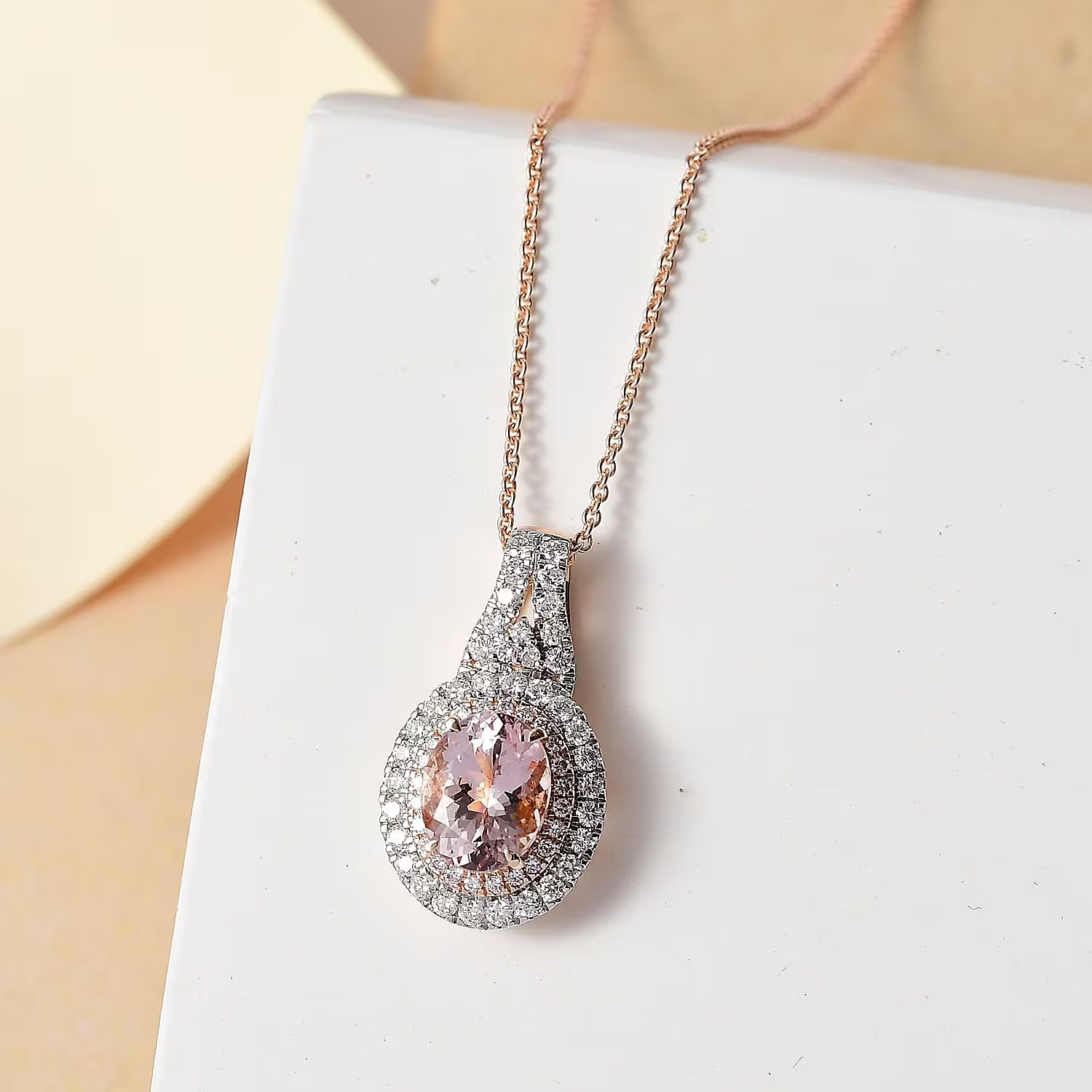 Pink Morganite G-H I2 Diamond 2.35 Double Halo Pendant Necklace 20 ” Rose Gold