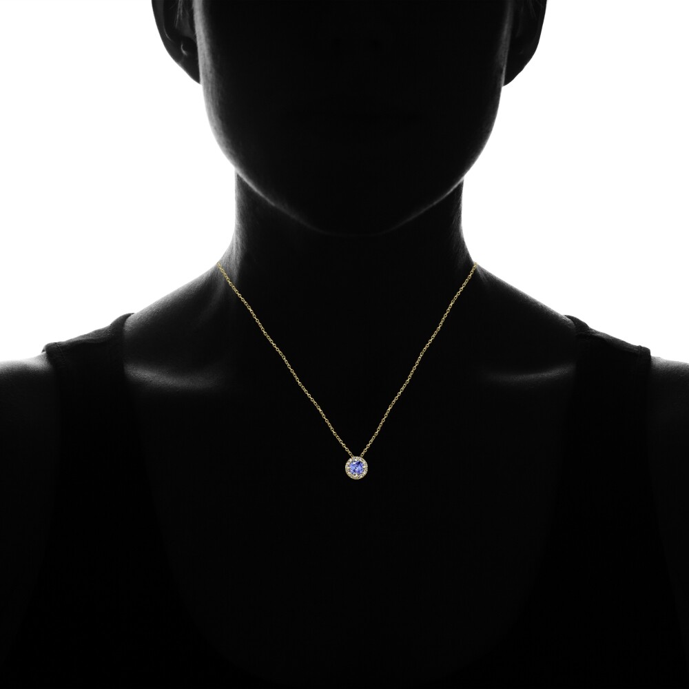 Yellow Gold Flashed Sterling Silver Tanzanite & White Topaz Round Halo Necklace