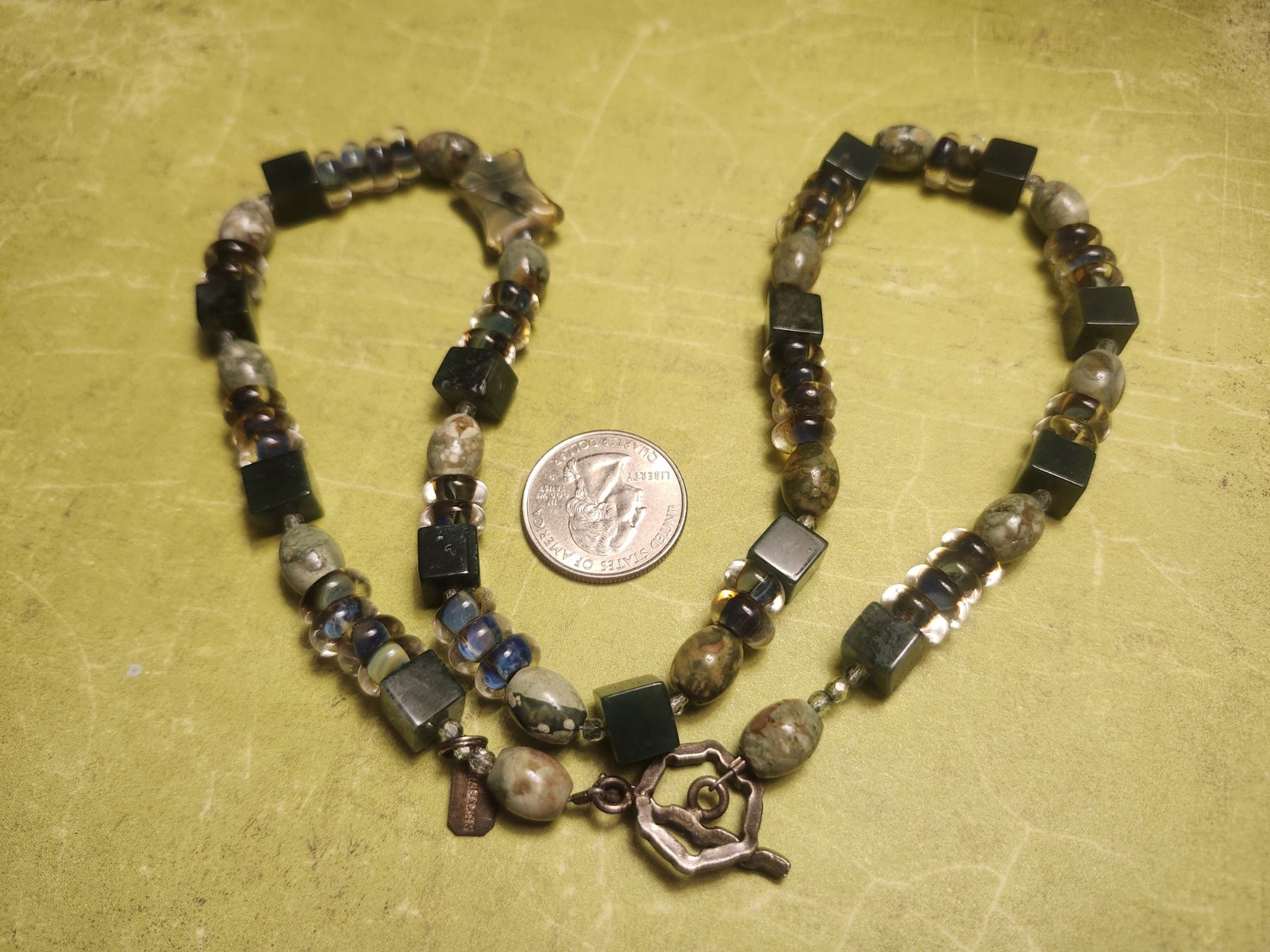 Handcrafted Artisan Jasper Agate Beaded Necklace Cube Earth Tone Boho
