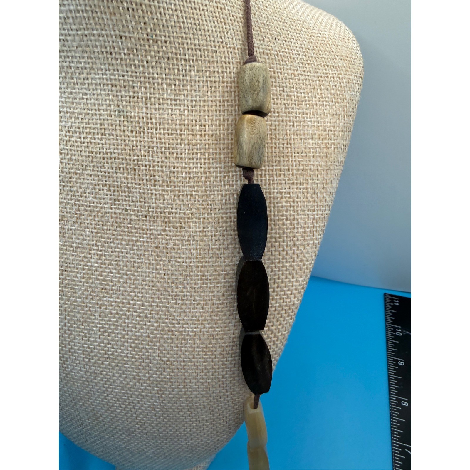 Boho Natural Wood and Resin Beaded Long Strand Statement Necklace Earthy Tones