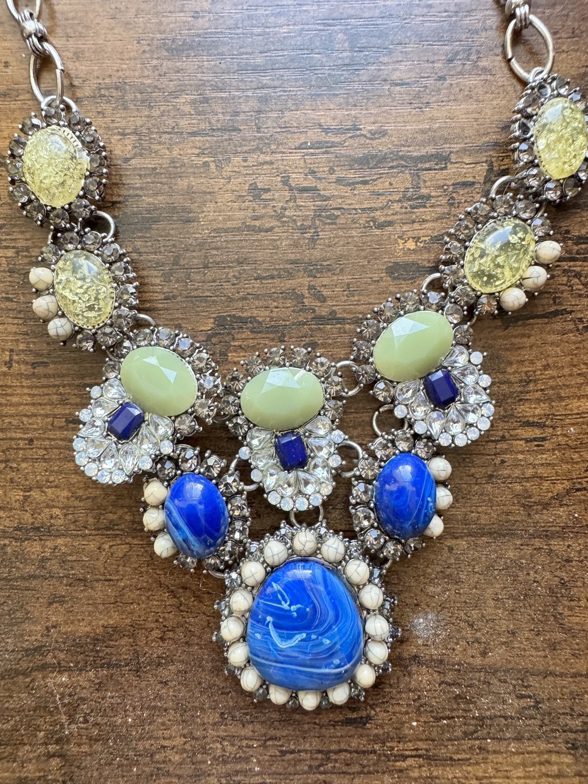 Chunky Boho Rhinestone Bib Statement Necklace Cobalt Blue Mint Green Mixed Media