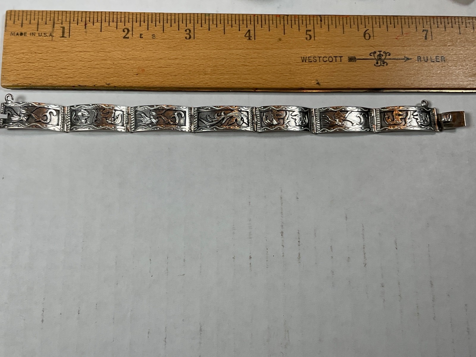 Vintage Chinese Export .900 Silver 7 Panel Bracelet Phoenix Archaistic Design