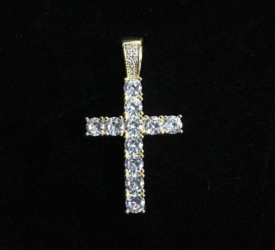Cross Pendant Tennis Solid 18K Gold f Lab Diamond Cuban Link Necklace Chain Rope