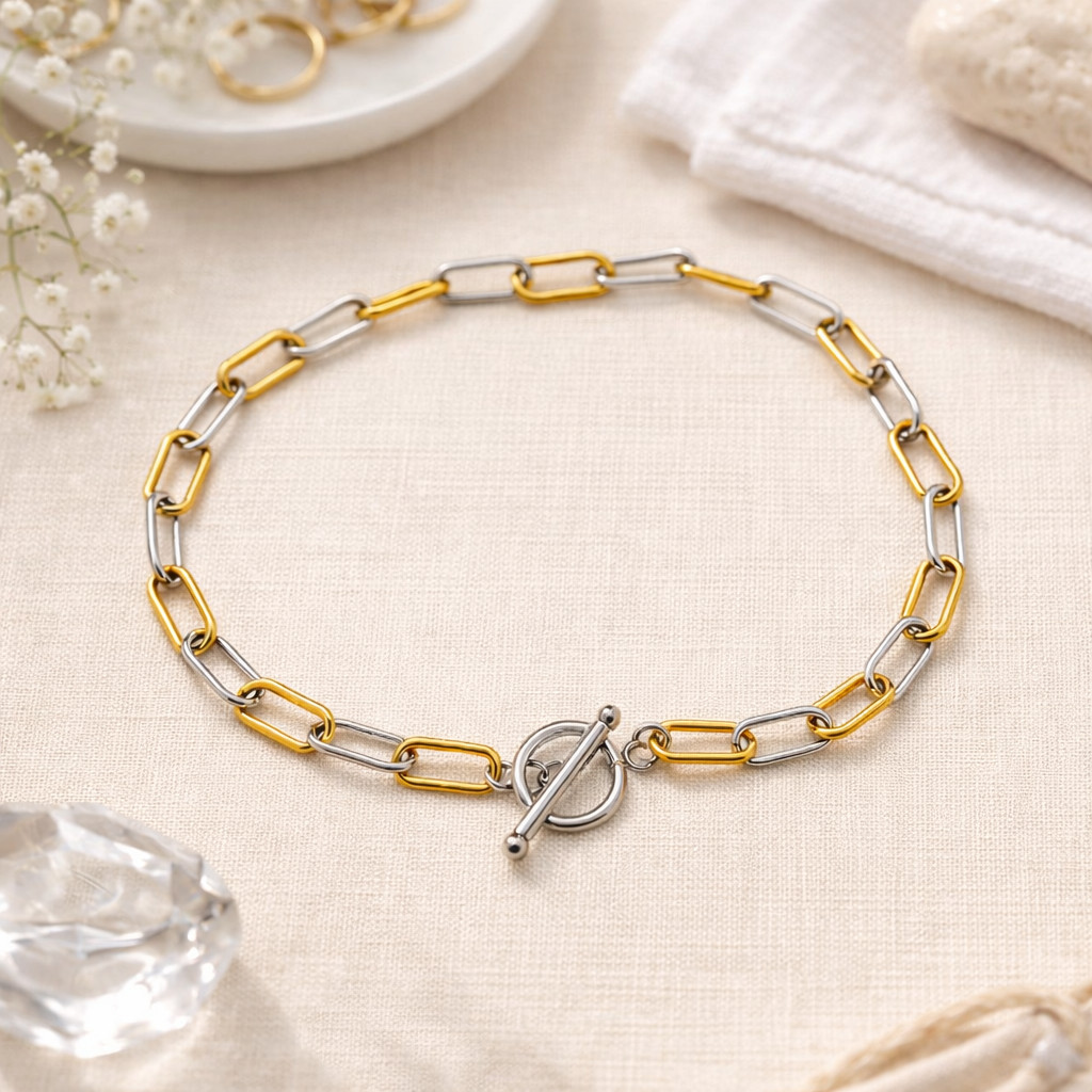 Stainless Steel Paper Clip Necklace-Alternating Gold & Silver Link–Toggle Clasp