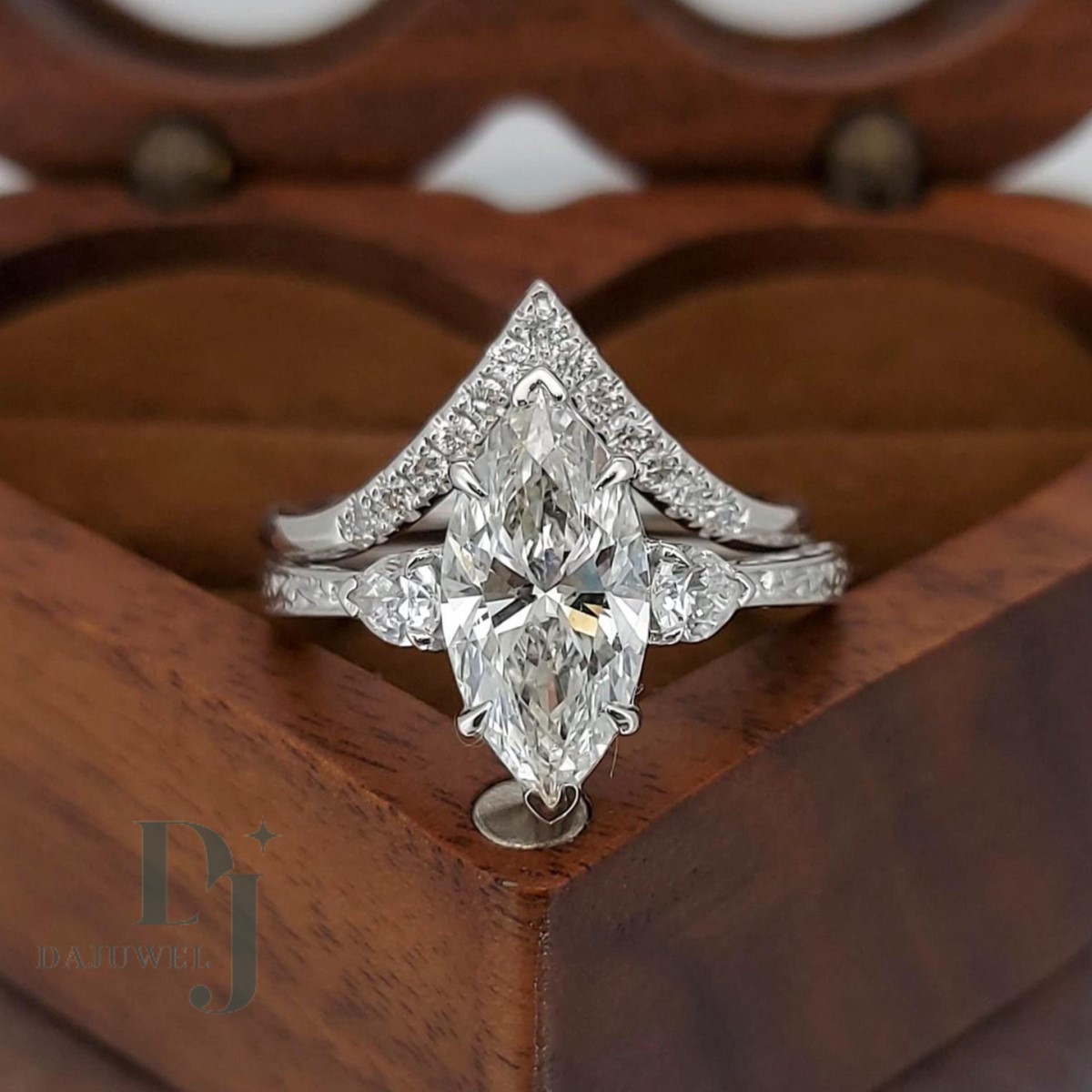 2.50 CT Marquise Cut Moissanite Bridal Set Engagement Ring Solid 14K White Gold