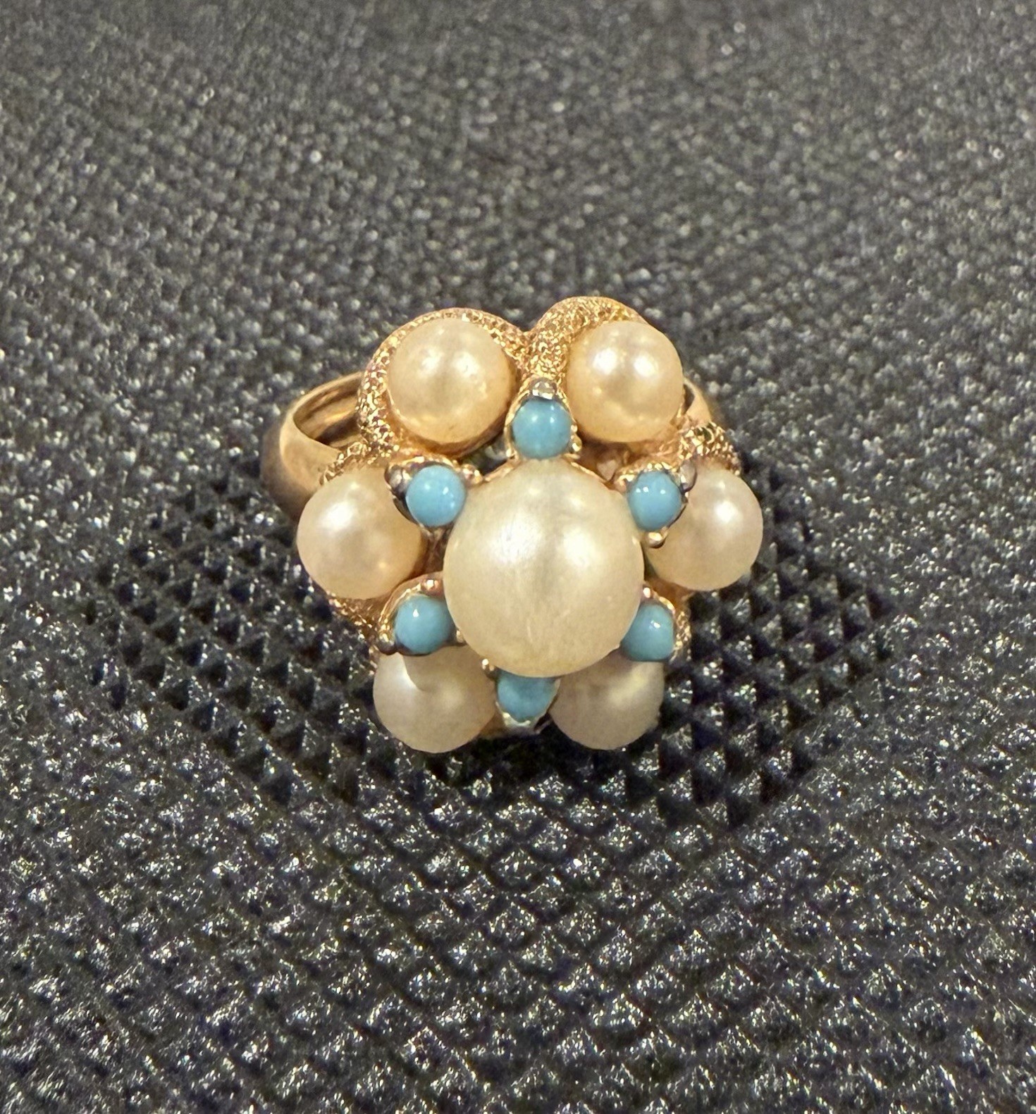 Vintage Gold Tone Cluster Ring Faux Pearl & Turquoise Adjustable 7ish