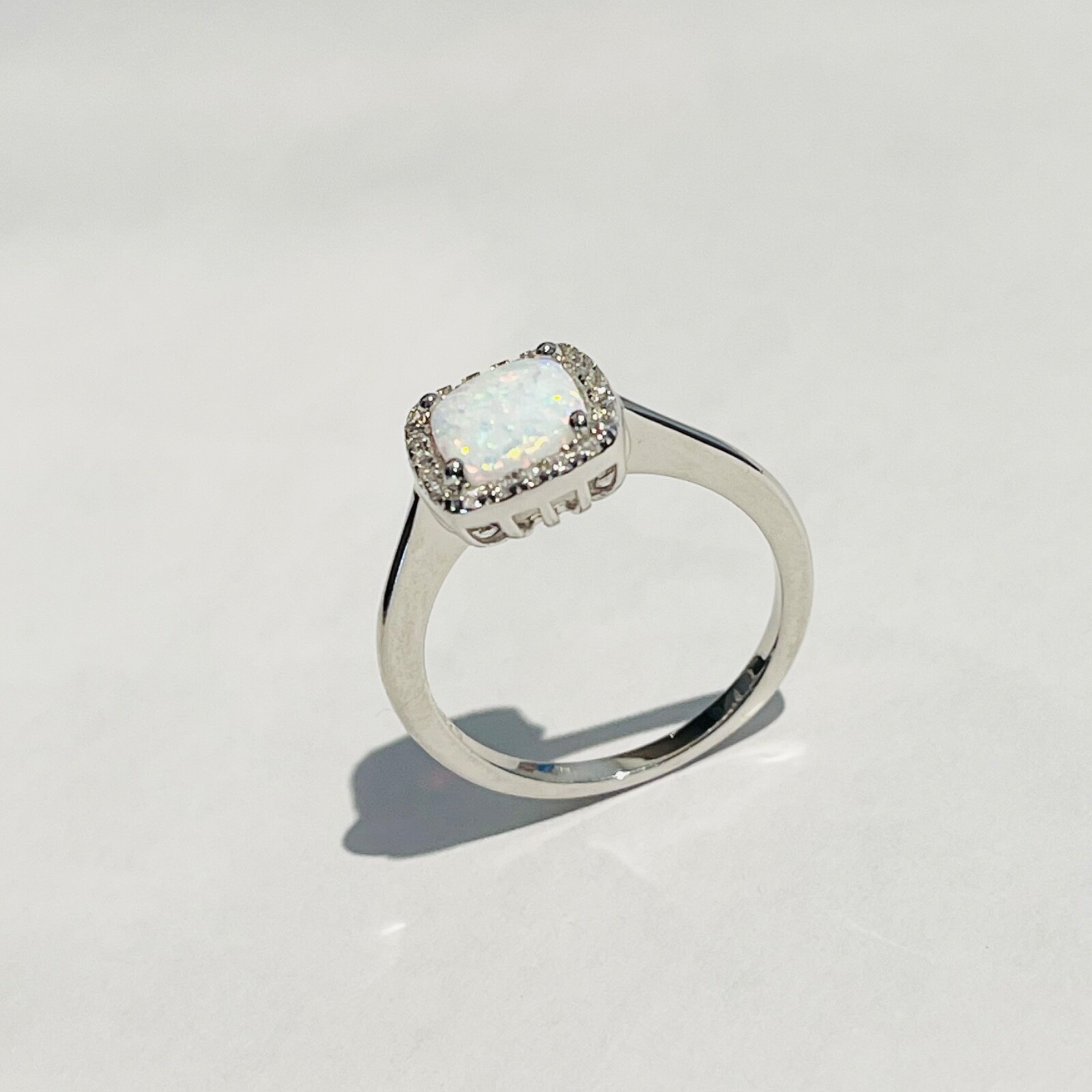 Sterling Silver Square White Lab Opal Ring, Silver Rings, CZ Ring, Wedding Ring