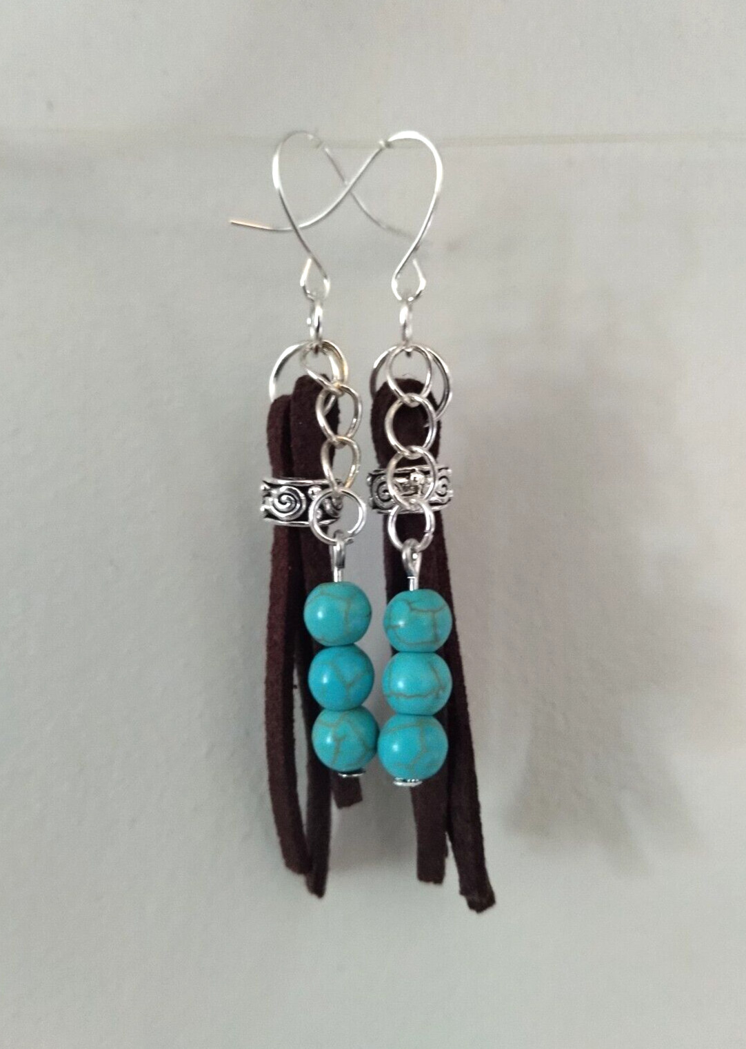 Suede Fringe Tassel Earrings Turquoise Blue Howlite Stone Bead Handmade Cowboy