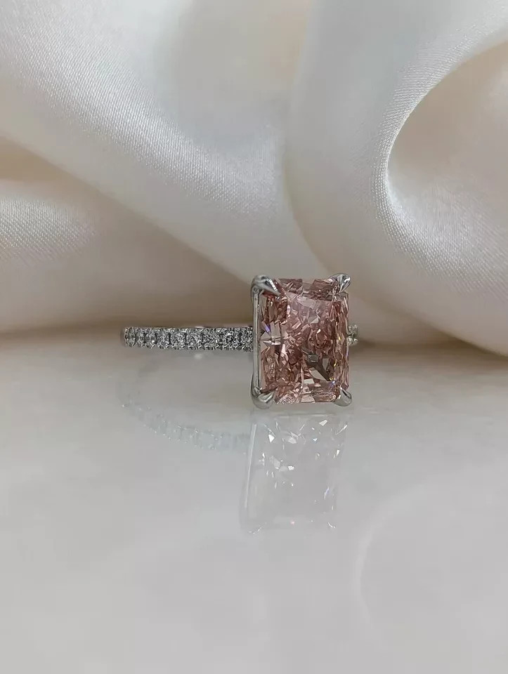 Radiant Cut 3.20 Ct IGI Lab Created Diamond Ring 14k White Gold Fancy Vivid Pink