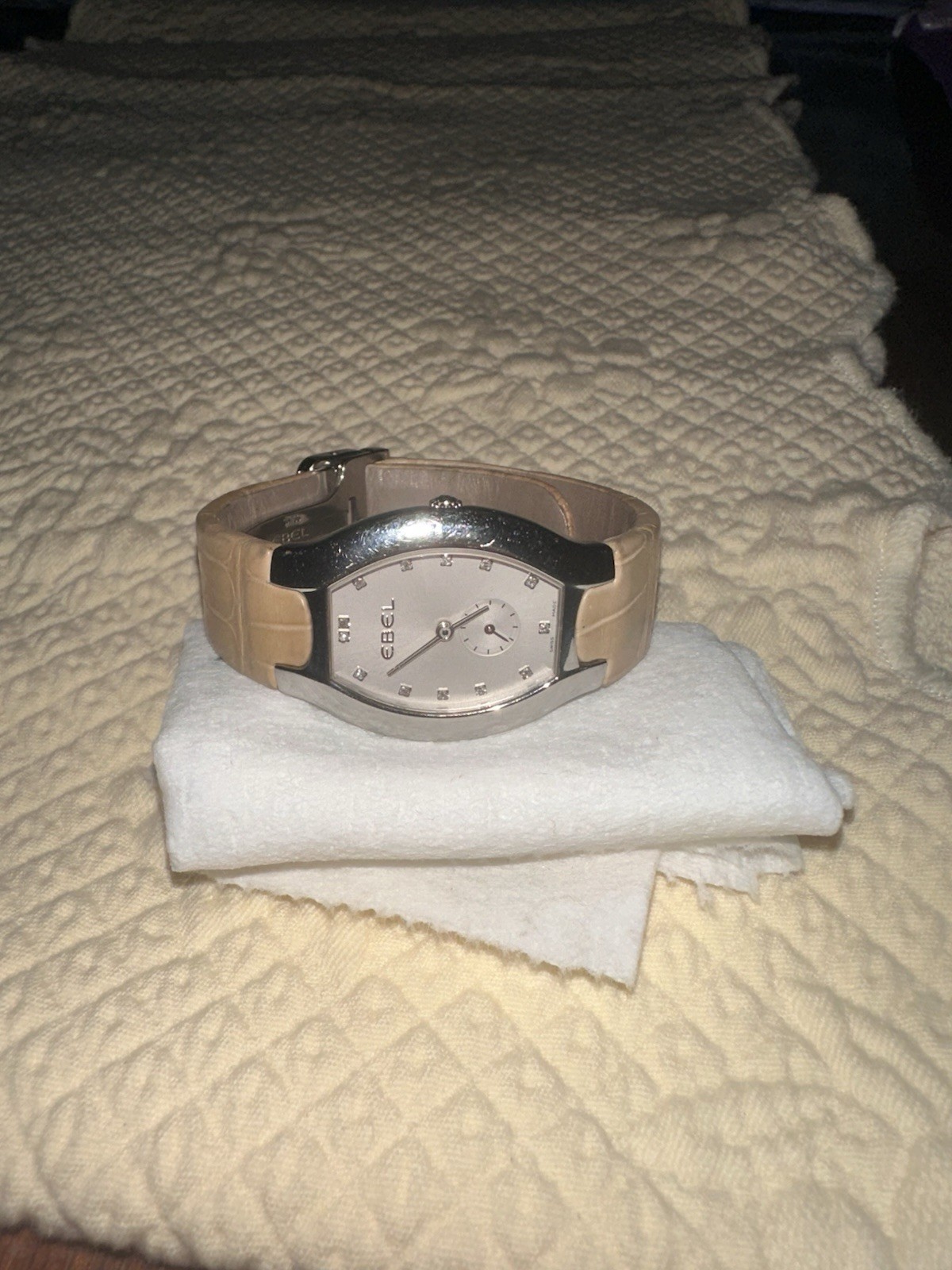 EBEL Beluga Tonneau Women’s Quartz Watch, SS Case, Silver Dial, Diamond, Beige