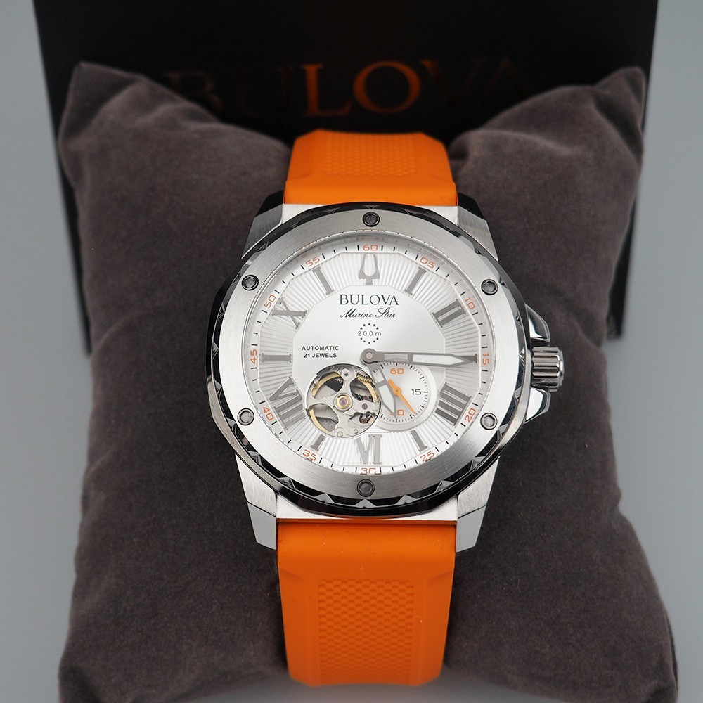 Bulova 98A226 Marine Star Orange Silicone Strap Men’s Automatic Watch 44 mm