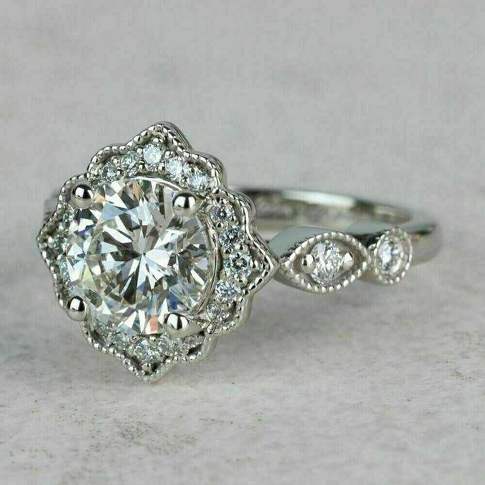 1.75Ct Round Simulated Diamond Flower Halo Ring Vintage Style 925 Silver Gift