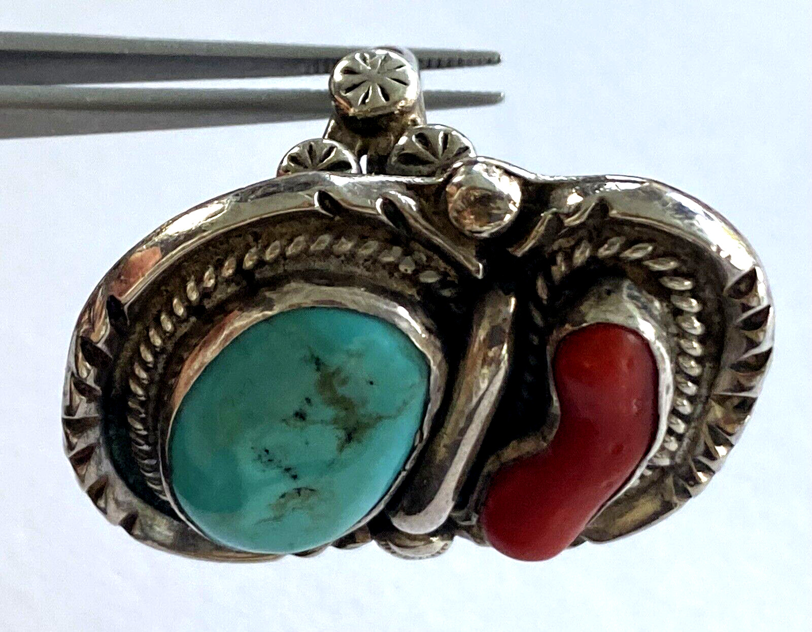 Vintage Native American Turquoise Red Coral Men’s Ring 28.41gr Size 12