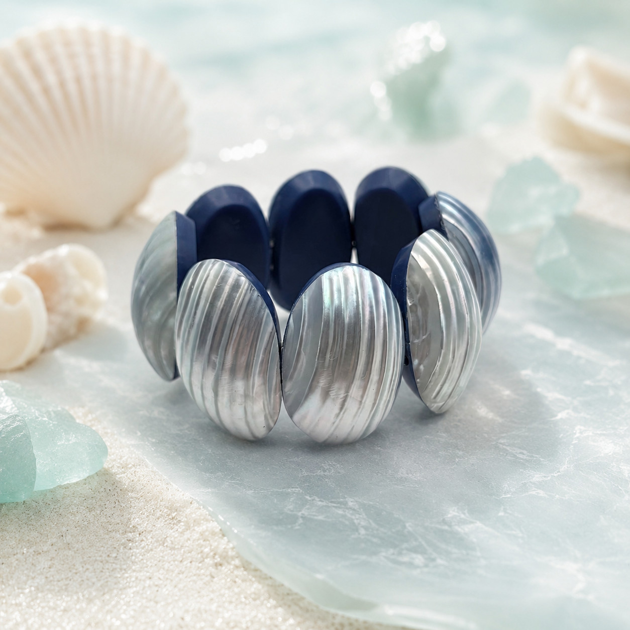 Blue Faux Shell Oval Link Stretch Bracelet 6 in 1.5 in Wide Statement