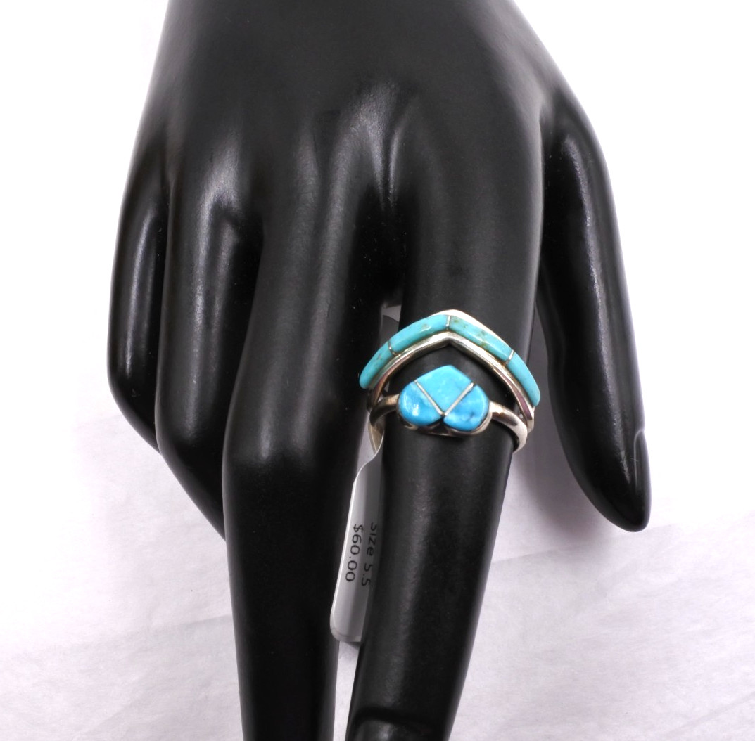 Zuni Sterling Silver Turquoise Heart Inlay Ring Size 4.5 – 8 Ring Real Turquoise