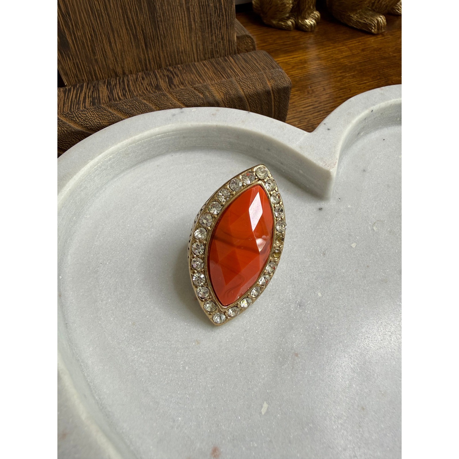 Gold Tone Orange Marquise Resin Rhinestone Leaf Engraved Statement Ring Size 7.5
