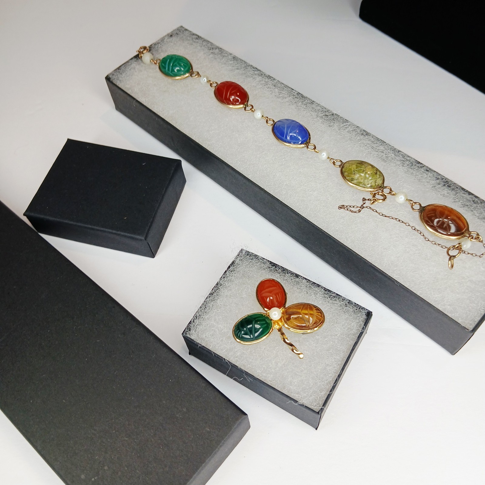 Vintage ~ Burt Cassell Egyptian Revival Gemstone Scarab Bracelet & Brooch Set 8″
