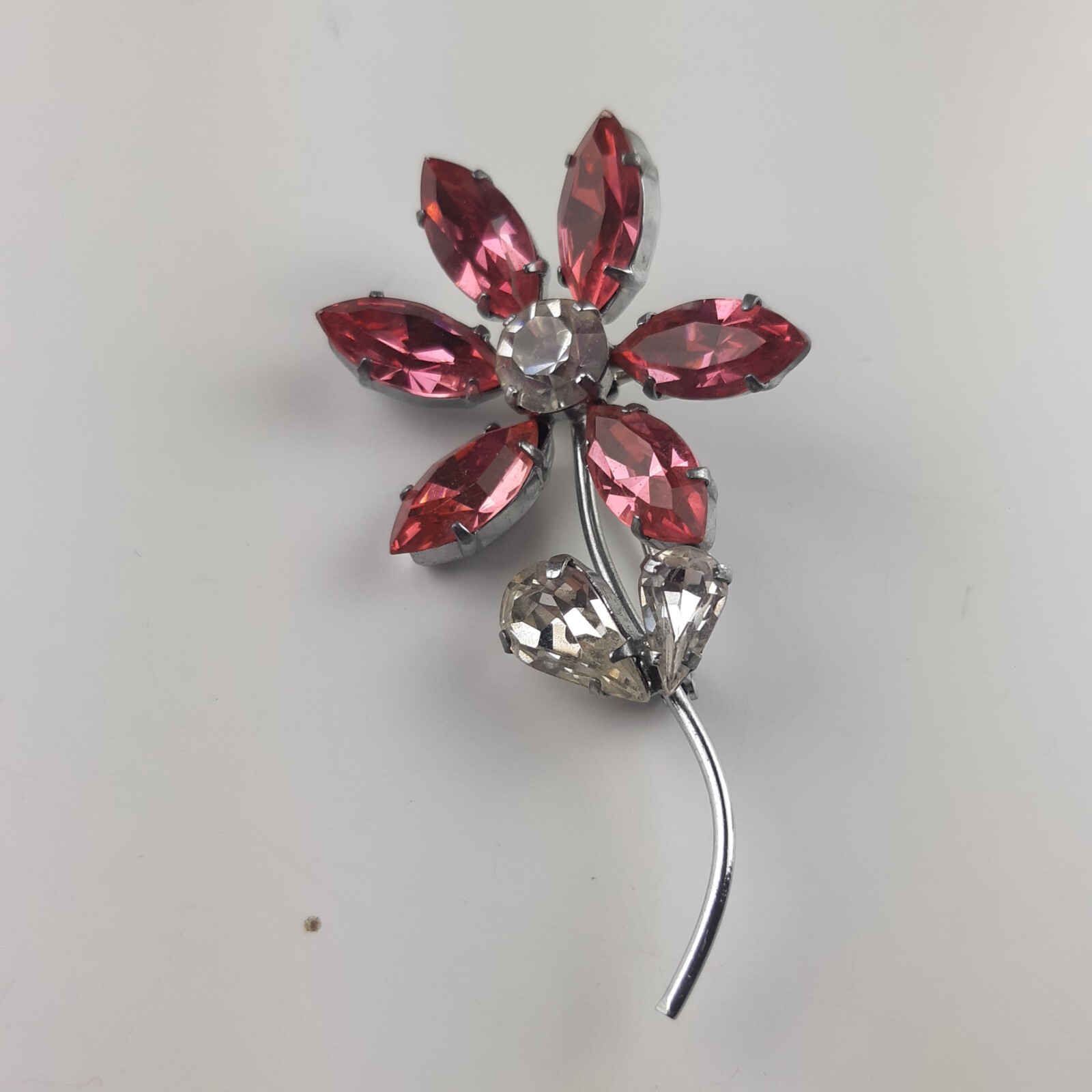 Flower Brooch Silver Tone Clear and Pink Petals 2 1/2 inches