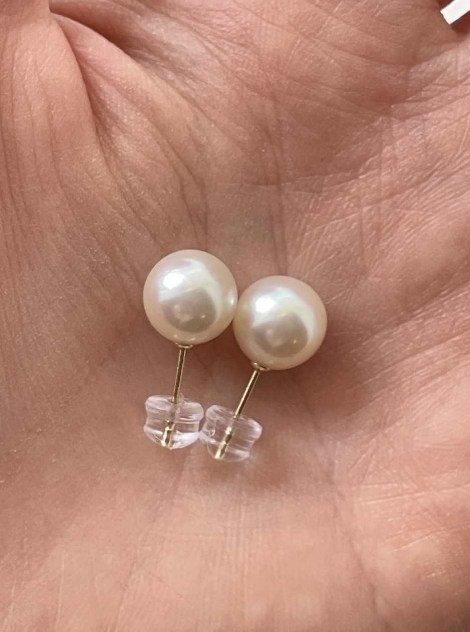 Japanese Akoya Pearl Stud Earrings 9mm Untreated Natural Color K14 Solid Gold