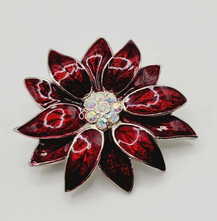 RED Poinsettia Brooch Pin ENAMEL Christmas Crystal Silver Tone 1.5″ Holiday