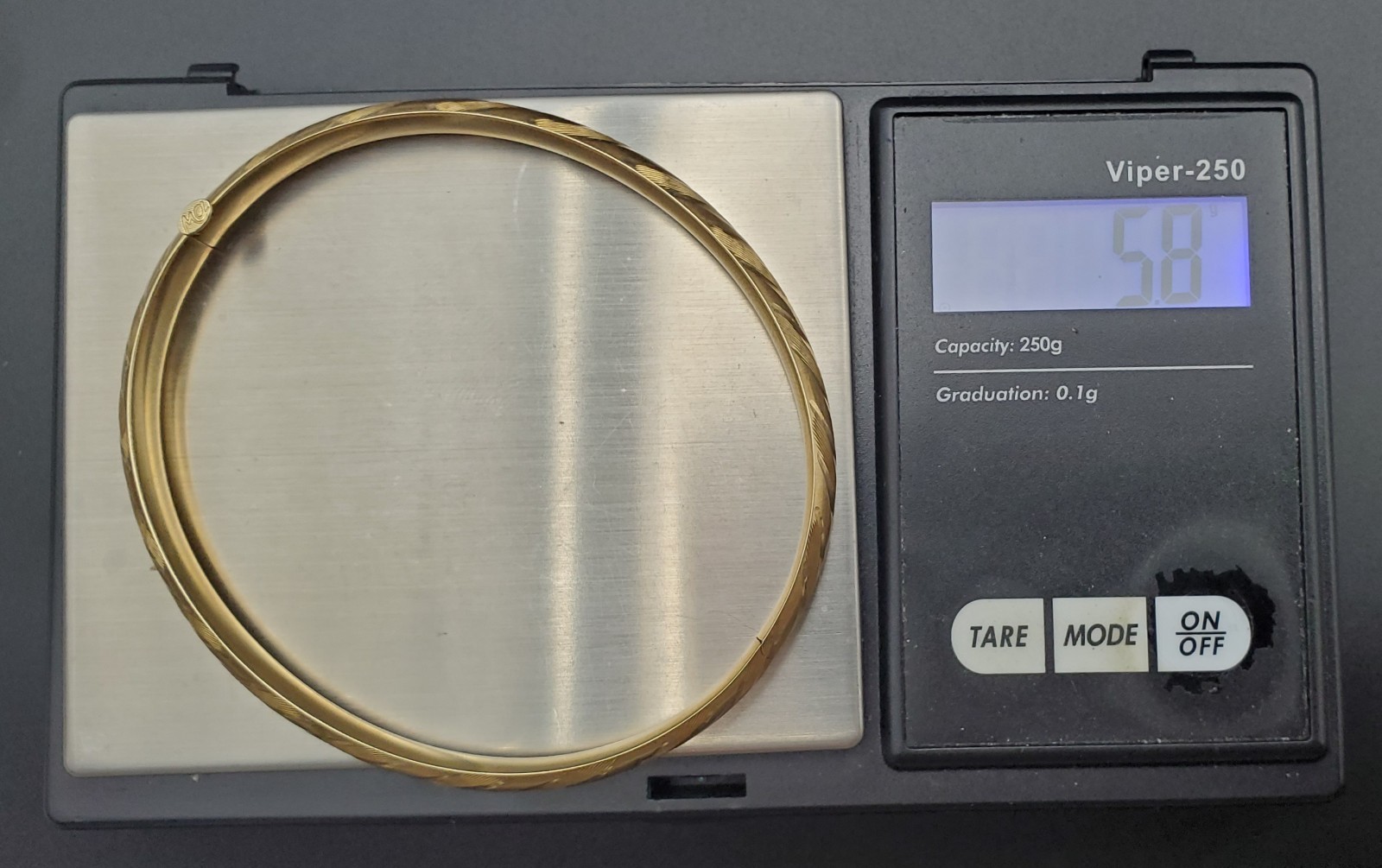 14K Bangle Bracelet, Open Hinge Design, Diamond Cut Finish 1/4 inch wide.