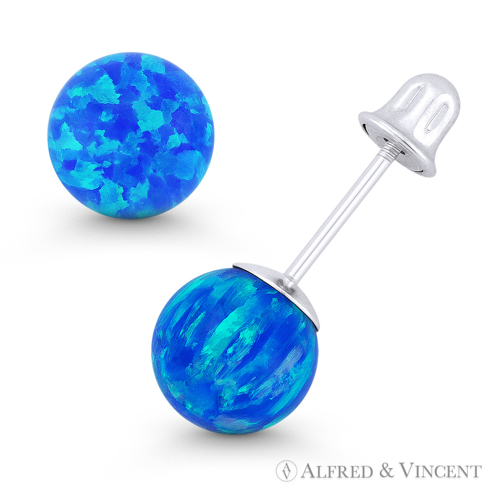 Fiery Pacific Blue Synthetic Opal Ball Screwback Stud Earrings in 14k White Gold