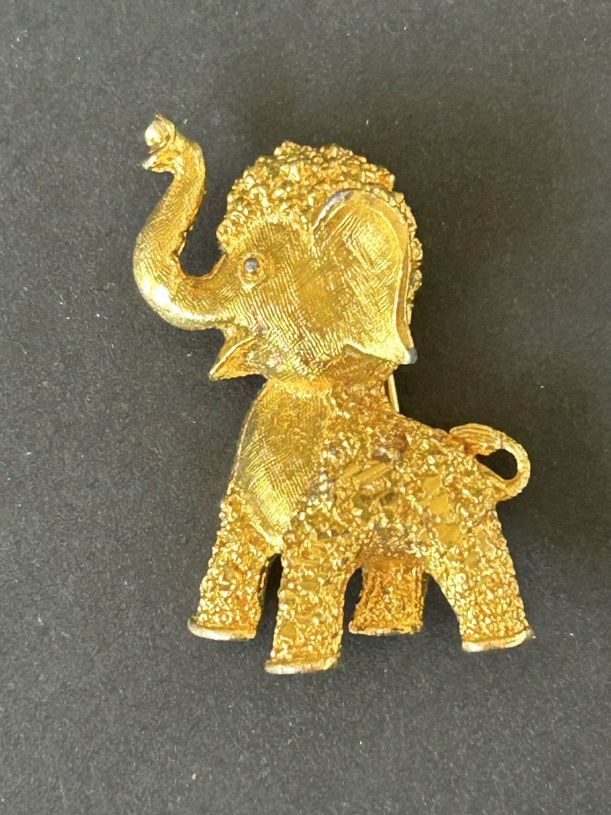 Vintage Baby Elephant Textured Gold Tone Brooch Pin 2” Animals Zoo