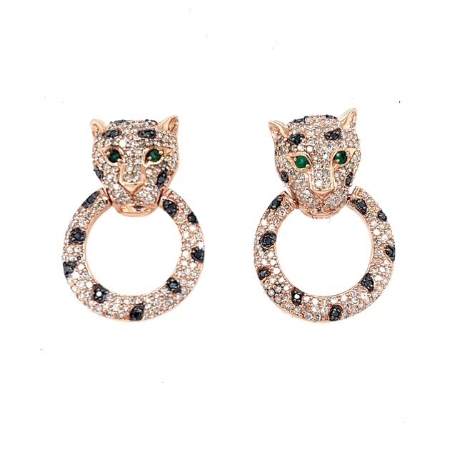 EFFY 14k Rose Gold Panther Black White Diamond Earrings Emerald Eyes