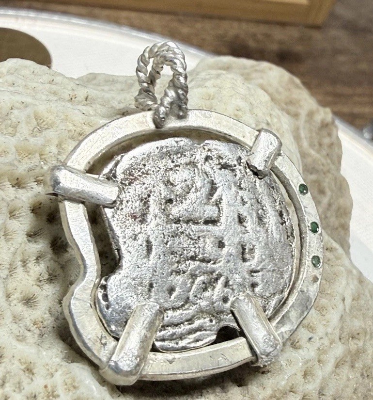 Authentic Spanish-Colonial 2-Reales Silver Shipwreck Cob Coin in Emerald Bezel