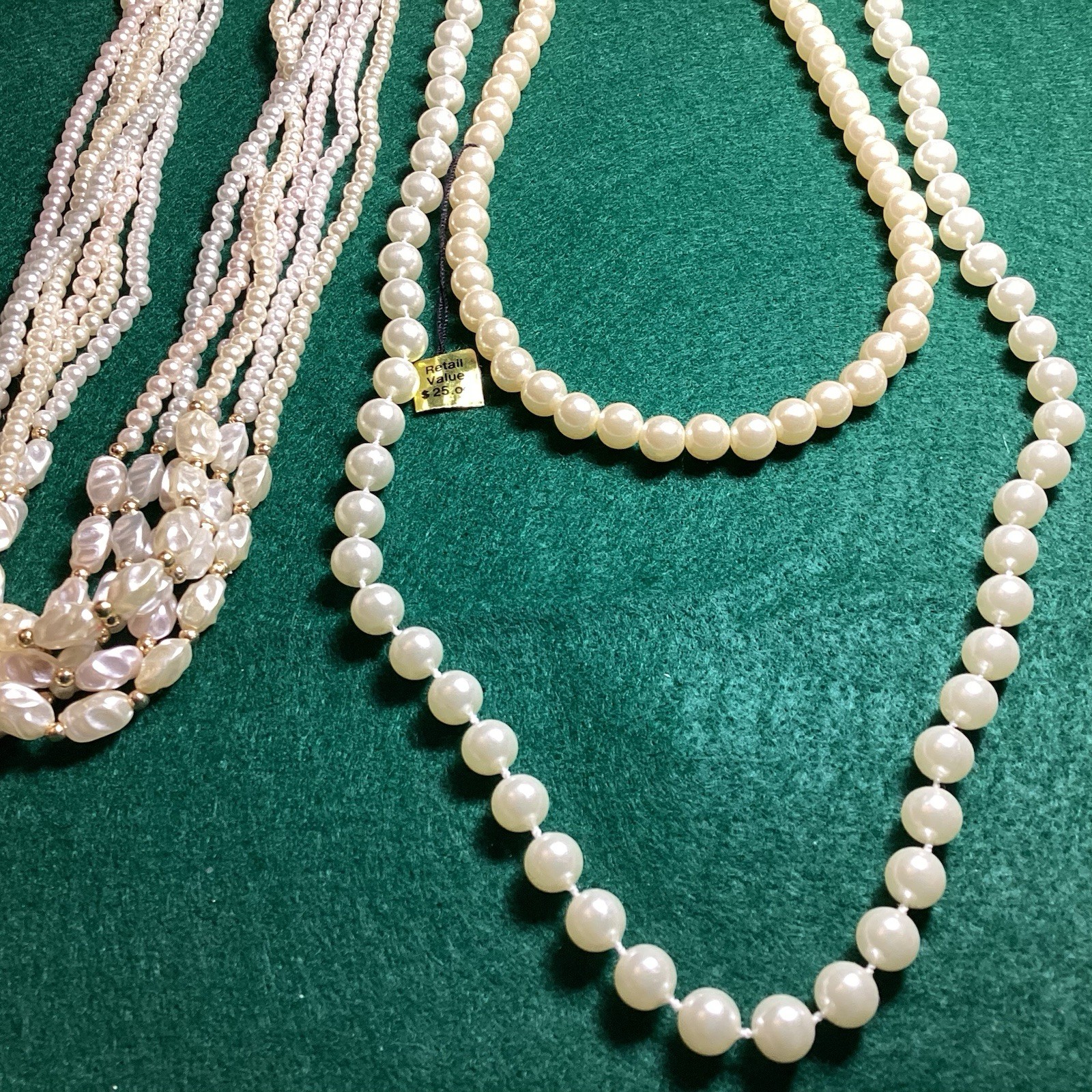 VTG LOT OF 3 FAUX PEARL NECKLACES 1 SIGNED LADY REMMINGTON 21 1/2”, 17 1/2”, 29”