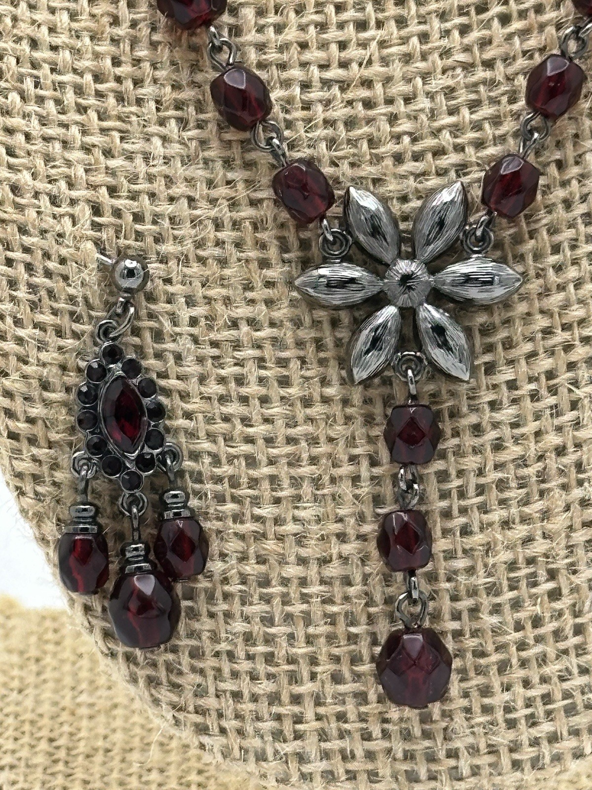 VTG-Inspired Red Burgundy Crystal Dangle Necklace & Pierced Earring Set 15-18”