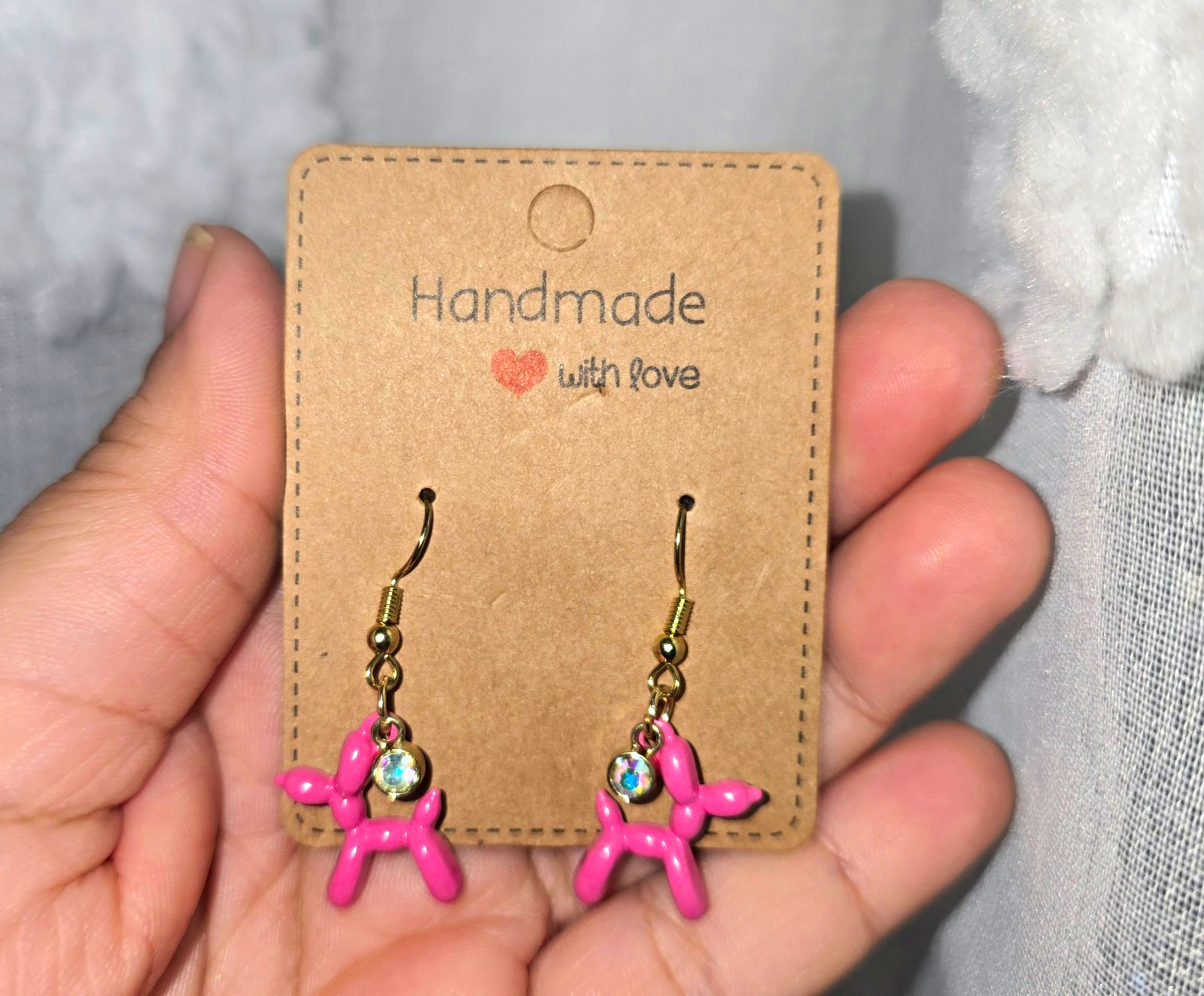 Handmade Pink Balloon Dog Dangle/Drop Hook Earrings Animals & Insects Theme