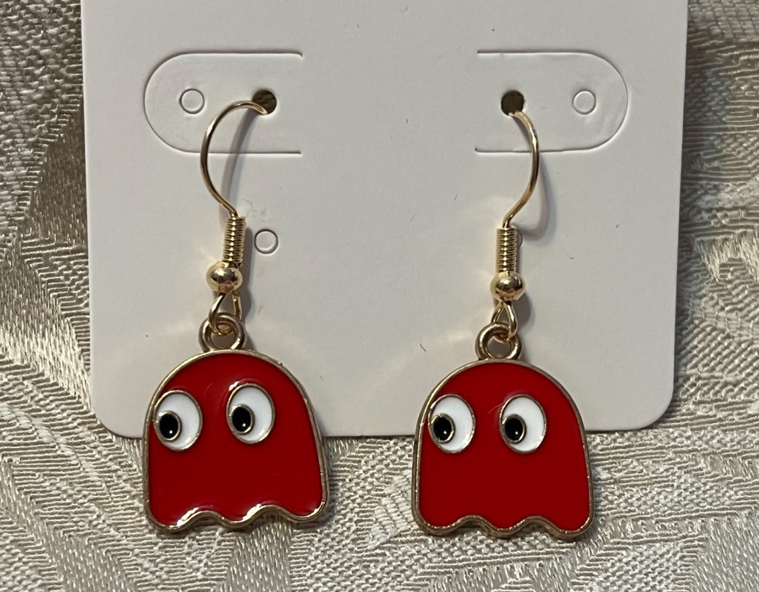 PAC Man BLINKY RED Ghost Gold Loop Enamel Drop Dangle Adorable Earring Set