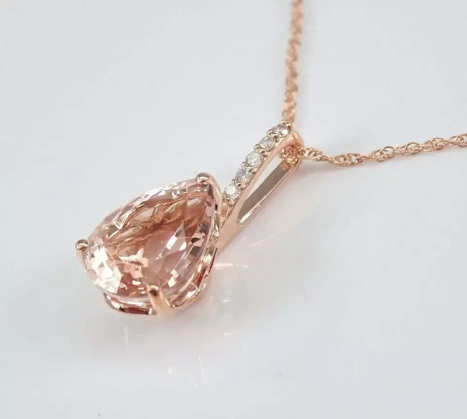 2Ct Pear Cut Morganite Diamond Solitaire Pendant 14K Rose Gold Finish Free Chain