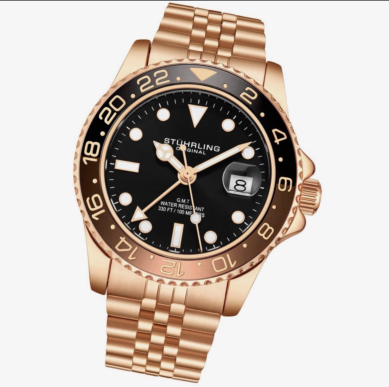 Stuhrling 3968 5 Aquadiver Swiss Quartz GMT Date Stainless Steel Mens Watch