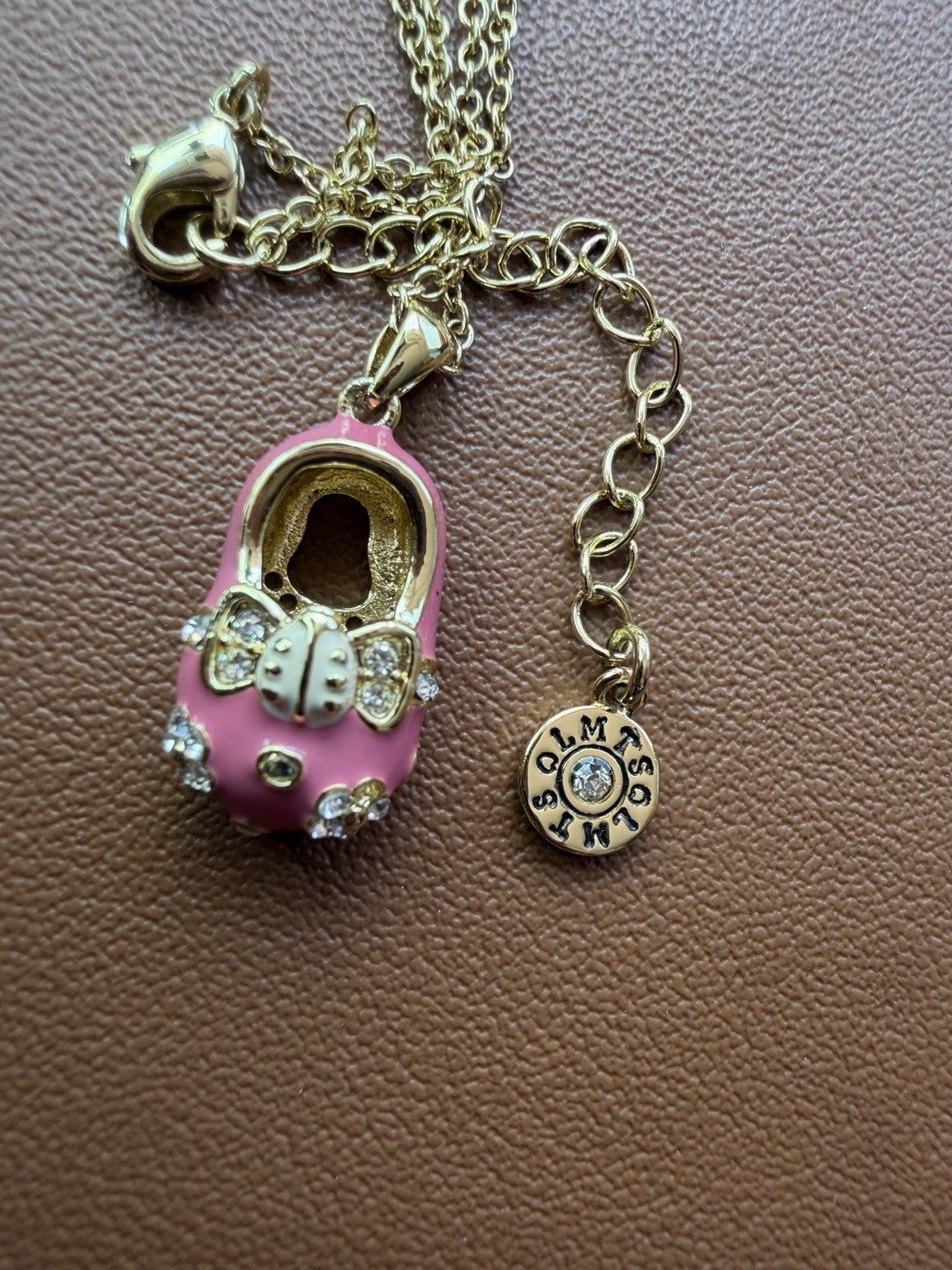 LMTS Gold Tone Cable Chain Pink Enamel Shoe Charm Necklace Crystal Signed