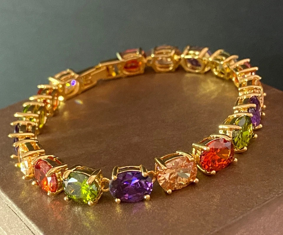 18K Gold Plated 30 CTW Gemstone Tennis Multicolor Bracelet Birthday Jewelry