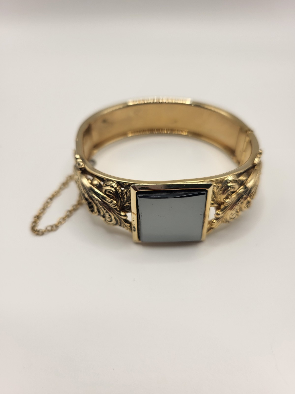 Ornate Hinged Cuff Bangle Bracelet Hematite Center Square Victorian Rev Goldtone