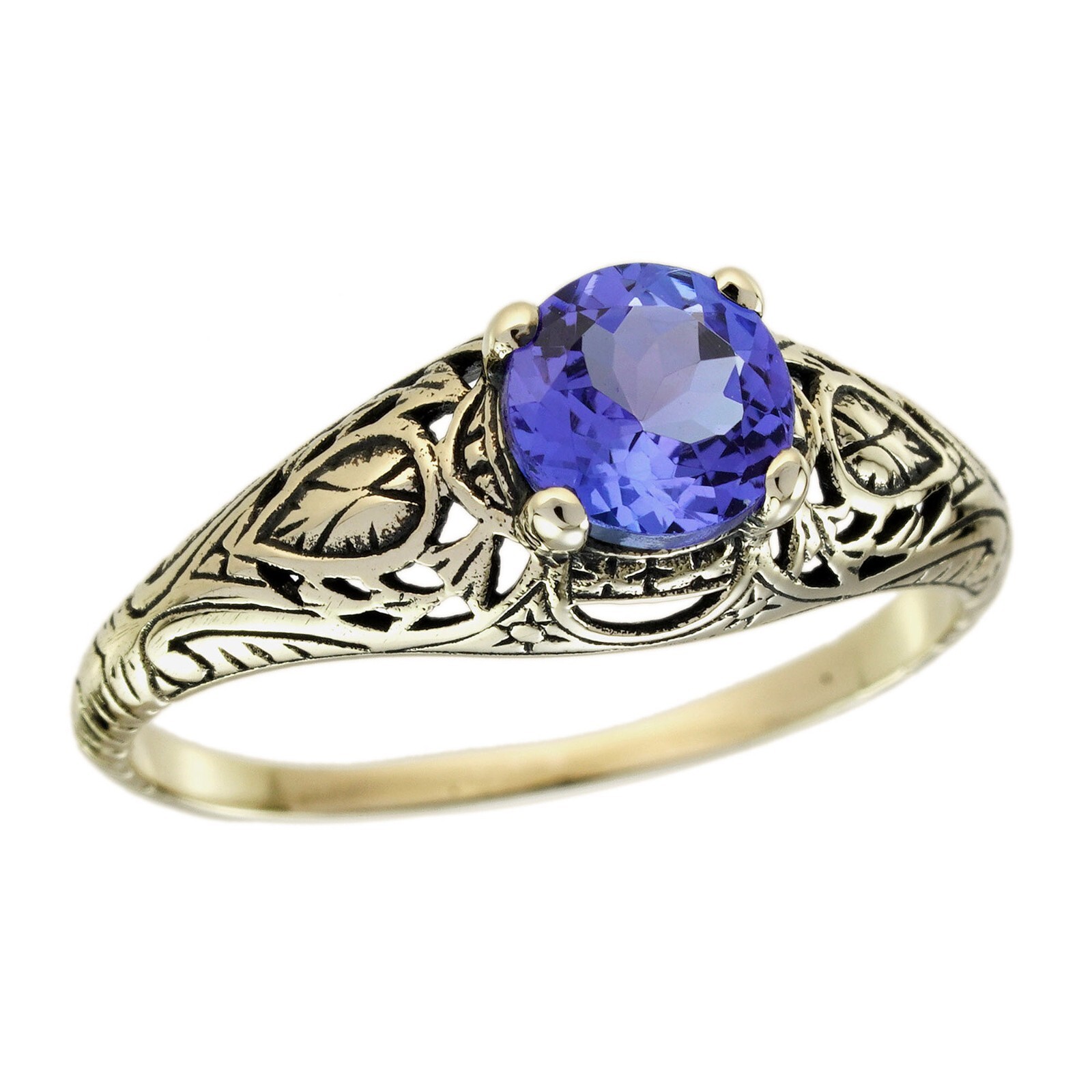9K Yellow Gold Natural Tanzanite Vintage Style Filigree Ring