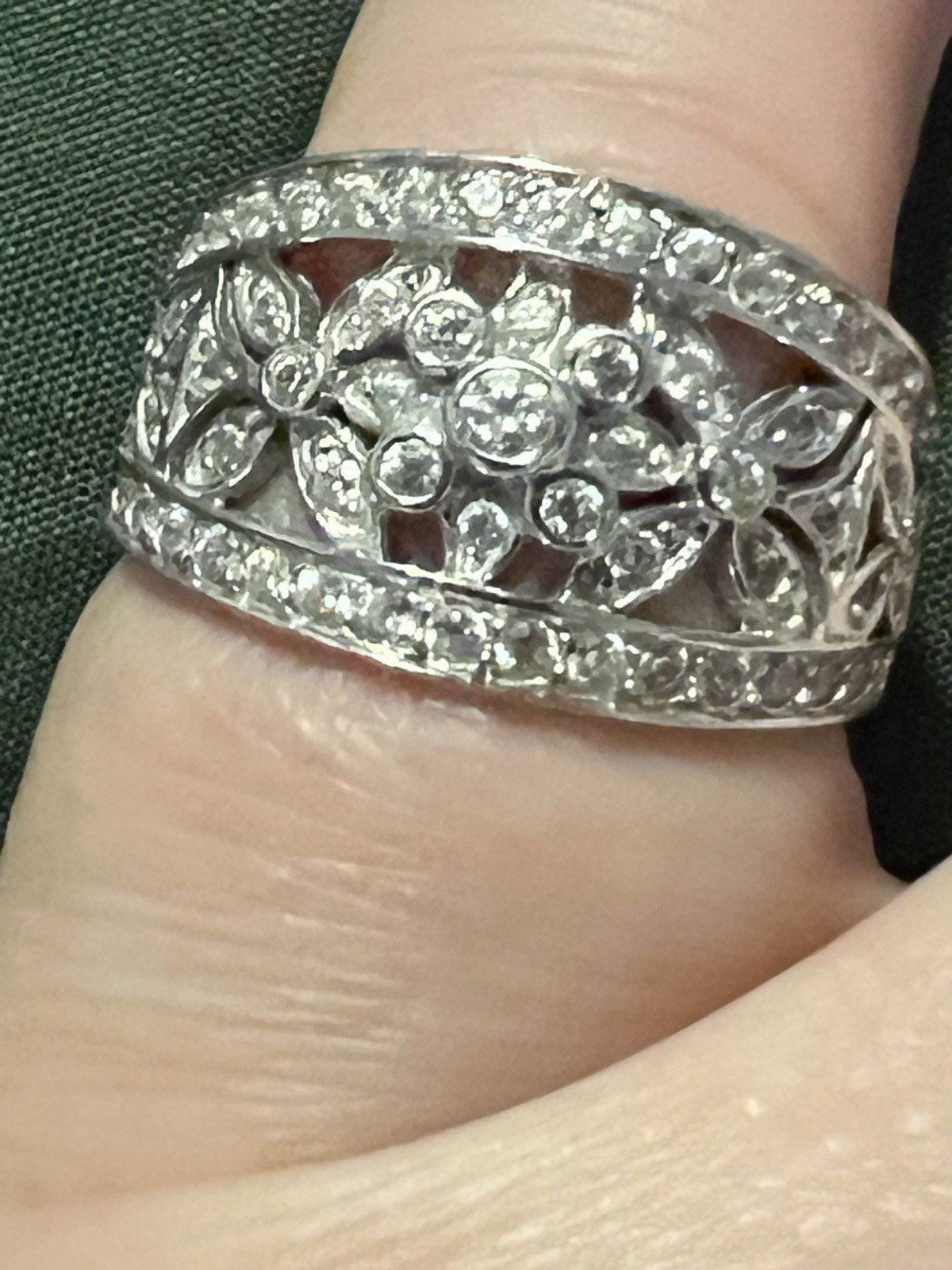 Vintage QVC Diamonique Solid White Gold Open Art Nouveau Floral CZ Ring Size 9