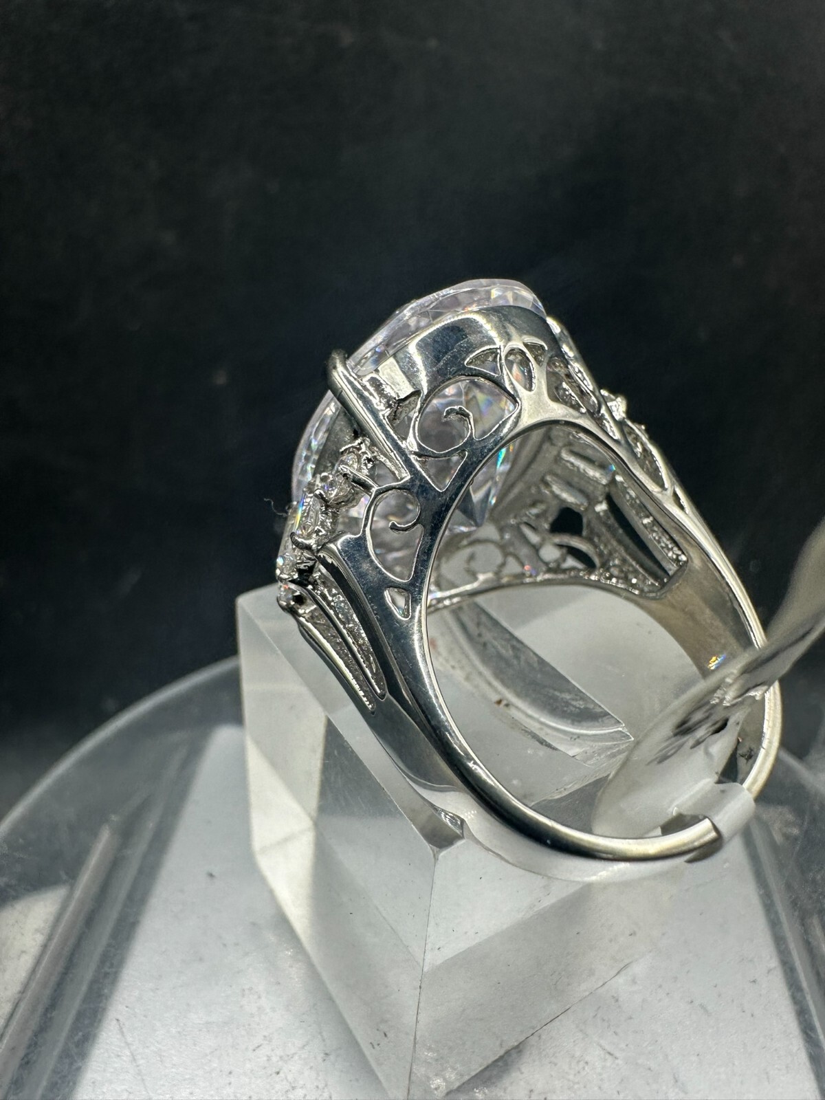 Oval Silver Ring Cocktail Cubic Zirconia Sparkling Stainless Steel Ladies