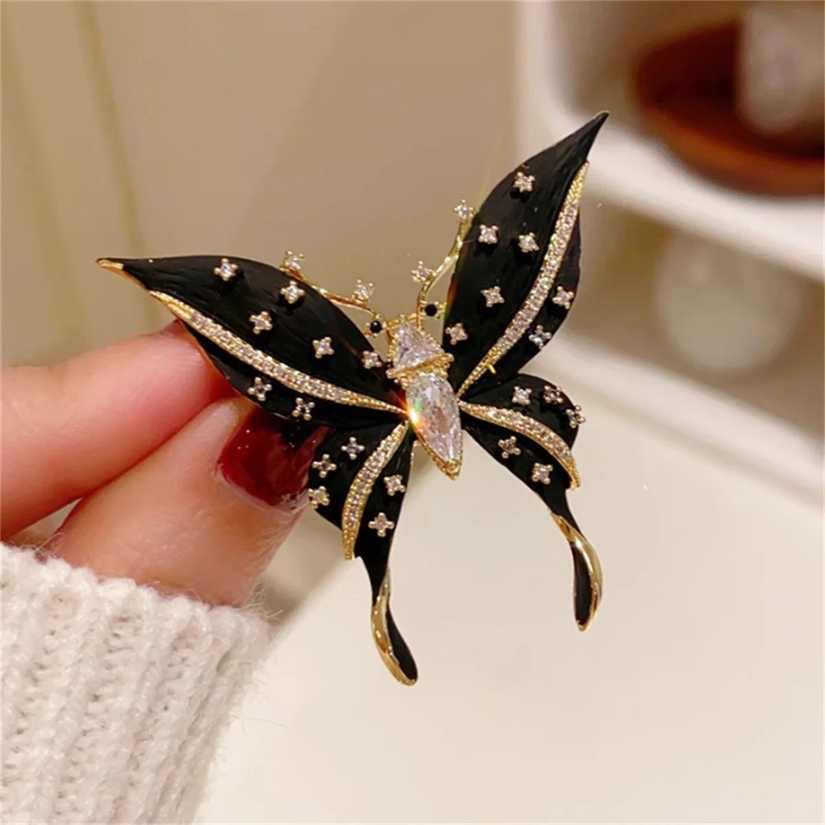 Vintage Black Enamel Butterfly Brooch Gold Tone Crystal Rhinestone Pin