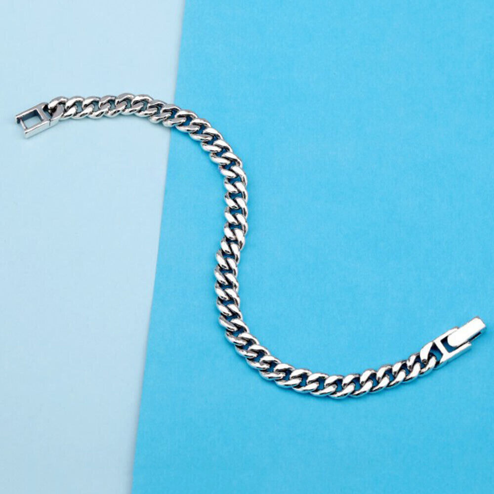Pure S925 Sterling Silver Chain 5mm-8mm Cuban Curb Link Bracelet 6.7-8.7inch L