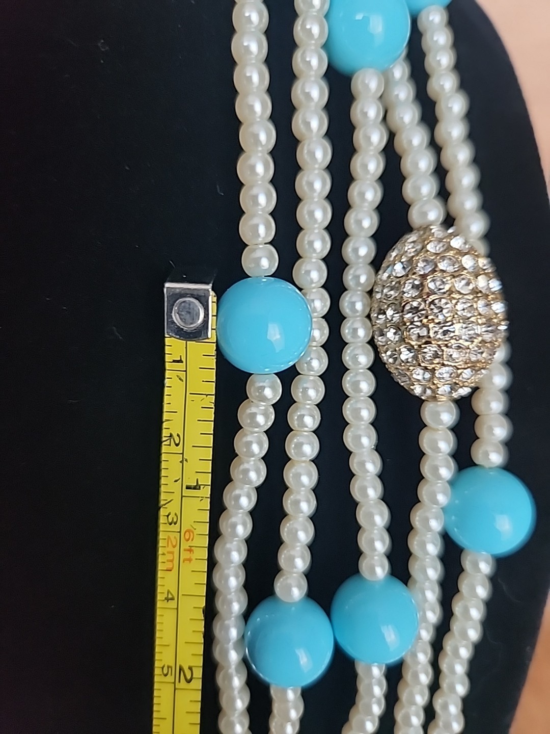 Lovely Joan Boyce Faux Turquoise & Pearl & Crystal Multi Strand 24″ Necklace NIB
