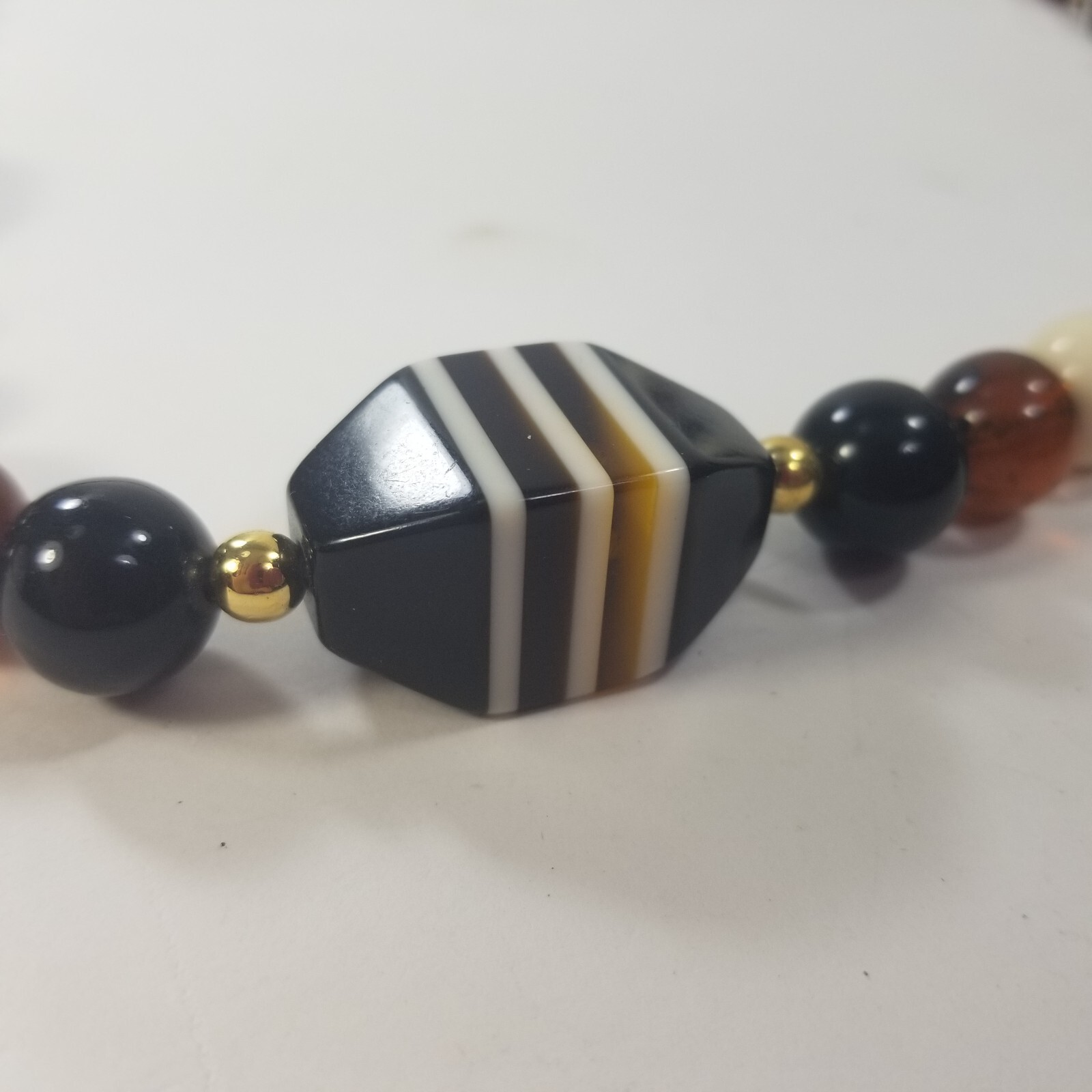 Vintage Brown Black White Gold Tone Spacers beaded Long Necklace